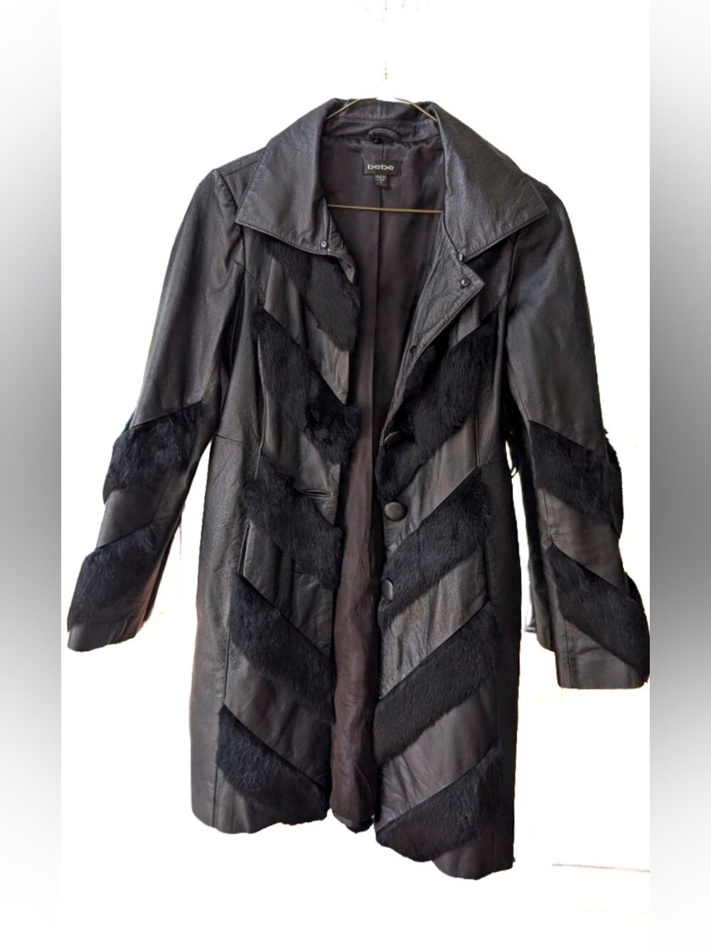 bebe Black Leather & Fur Trim Long Jacket